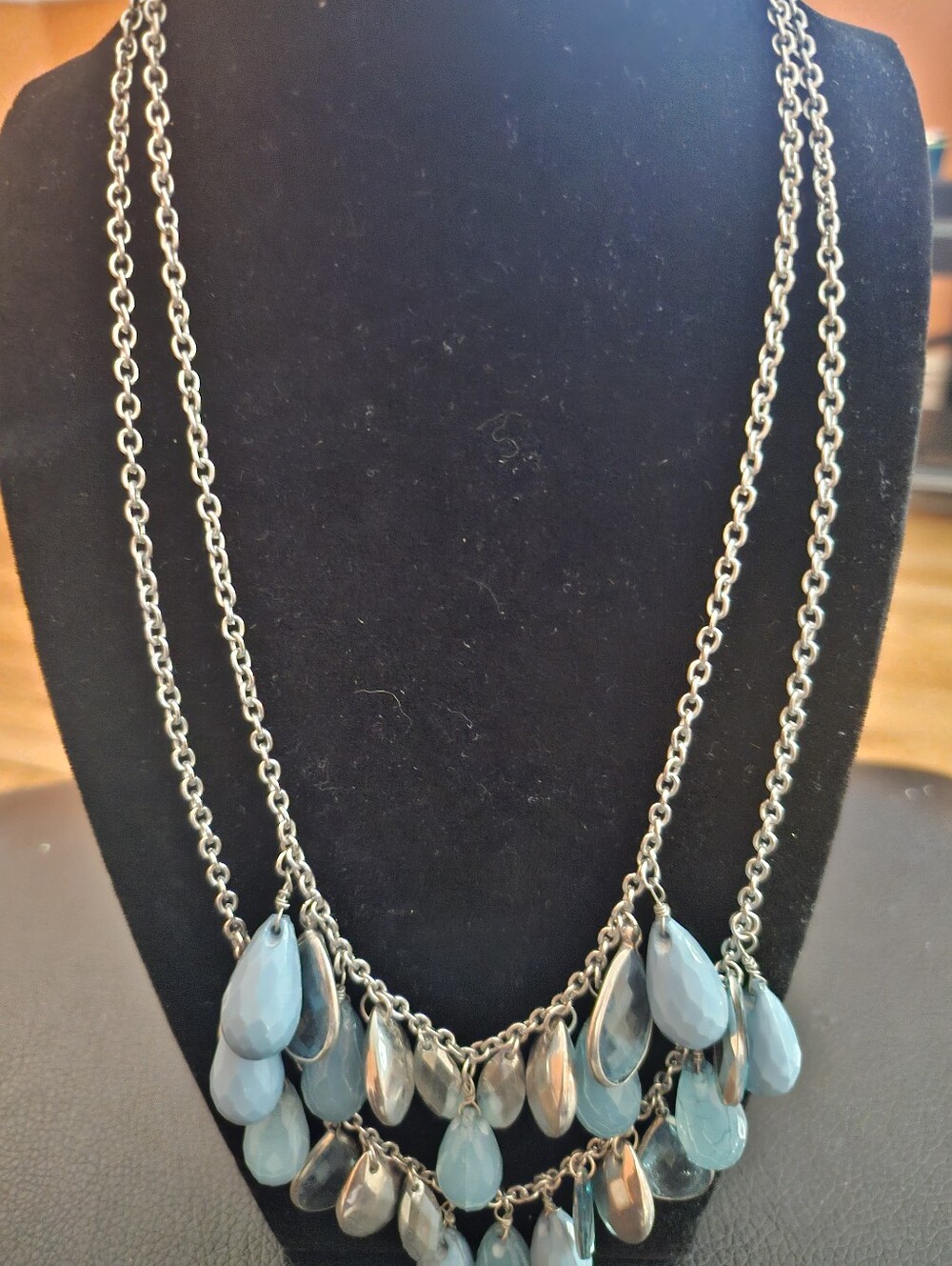Silver-Tone Teardrop Multi-Strand Necklace with Aqua Beads